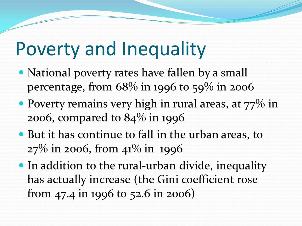 Poverty and Inequality National poverty rates have fallen by a small percentage, from 68% in 1996 to 59% in 2006 Poverty remains very high in rural areas, at 77% in 2006, compared to 84% in 1996 But it has continue to fall in the urban areas, to 27% in 2006, from 41% in 1996 In addition to the rural-urban divide, inequality has actually increase (the Gini coefficient rose from 47.4 in 1996 to 52.6 in 2006)