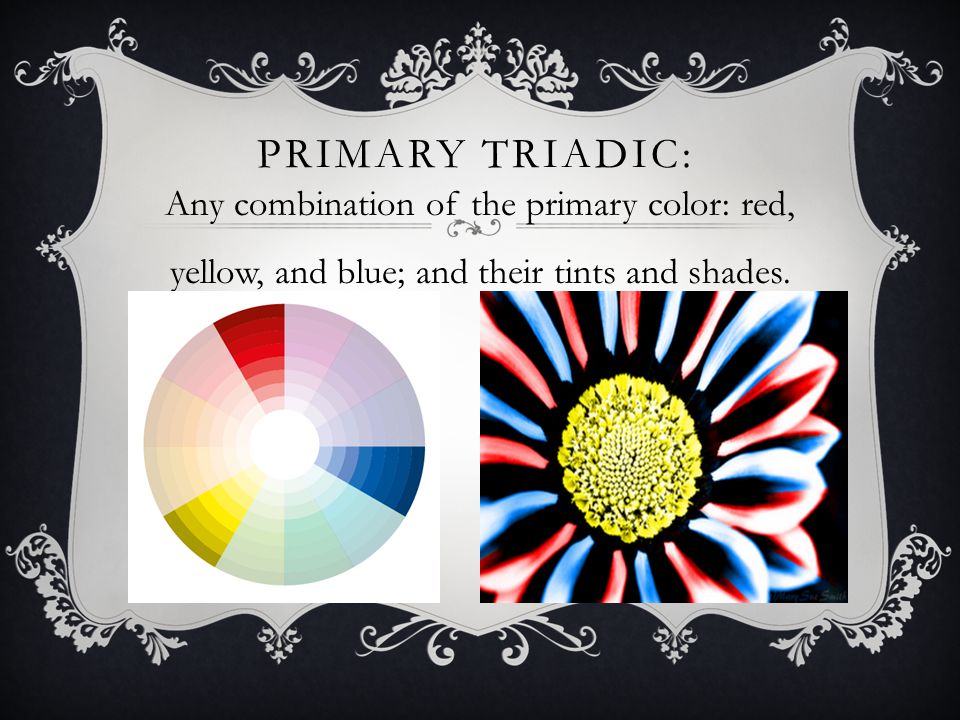 PRIMARY TRIADIC: Any combination of the primary color: red, yellow, and blue; and their tints and shades.