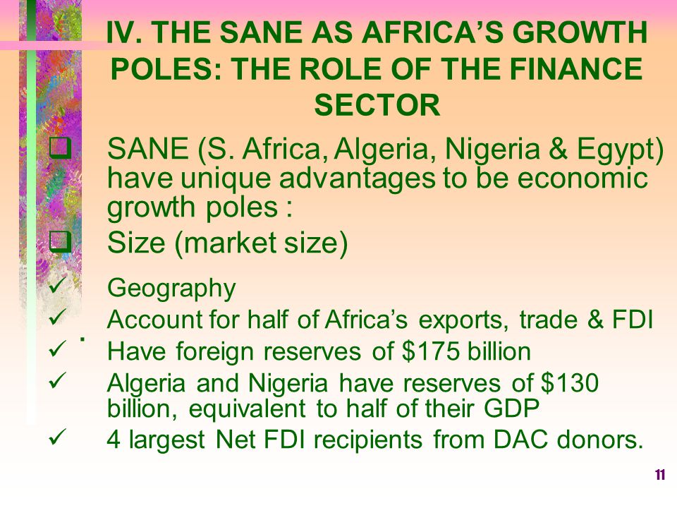 11 IV. THE SANE AS AFRICA’S GROWTH POLES: THE ROLE OF THE FINANCE SECTOR.