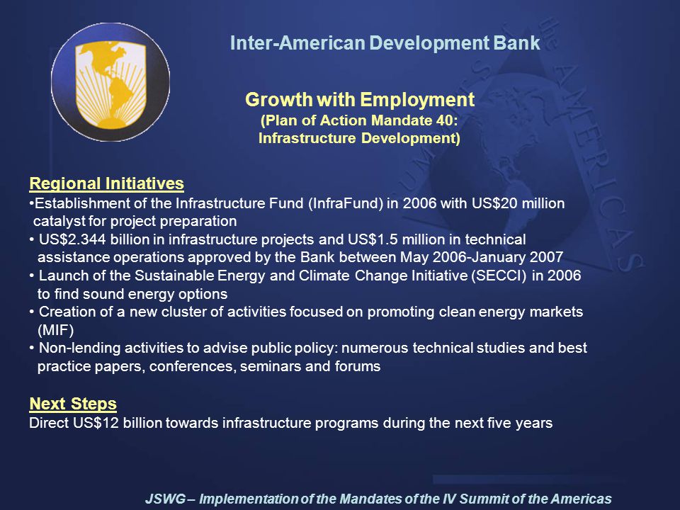 Inter-American Development Bank Growth with Employment (Plan of Action Mandate 40: Infrastructure Development) Regional Initiatives Establishment of the Infrastructure Fund (InfraFund) in 2006 with US$20 million catalyst for project preparation US$2.344 billion in infrastructure projects and US$1.5 million in technical assistance operations approved by the Bank between May 2006-January 2007 Launch of the Sustainable Energy and Climate Change Initiative (SECCI) in 2006 to find sound energy options Creation of a new cluster of activities focused on promoting clean energy markets (MIF) Non-lending activities to advise public policy: numerous technical studies and best practice papers, conferences, seminars and forums Next Steps Direct US$12 billion towards infrastructure programs during the next five years JSWG – Implementation of the Mandates of the IV Summit of the Americas