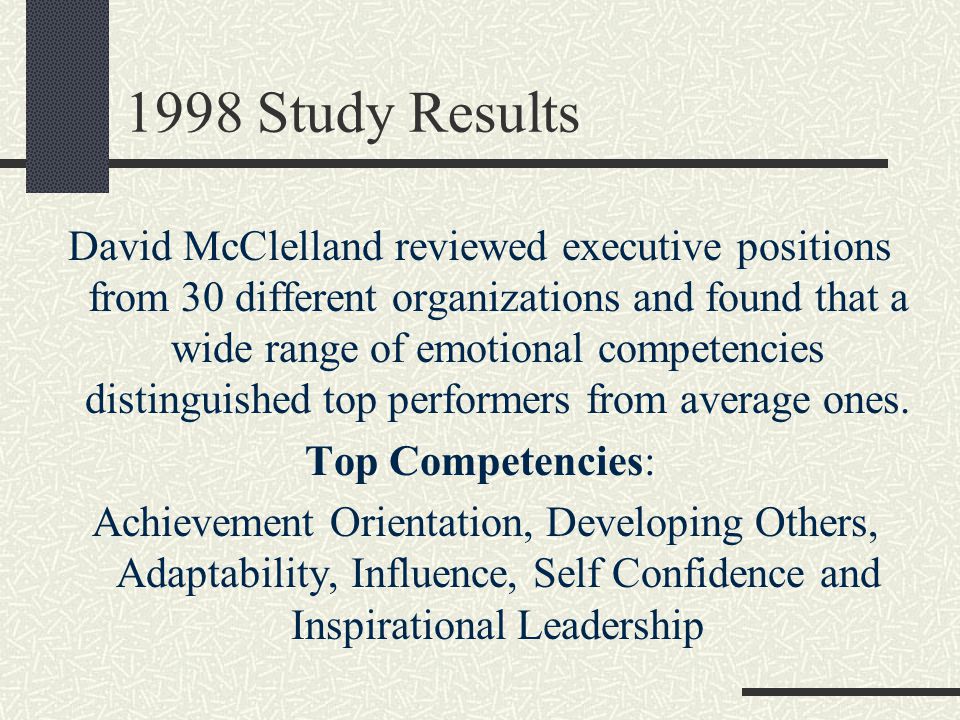 1998 Study Results David McClelland reviewed executive positions from 30 different organizations and found that a wide range of emotional competencies distinguished top performers from average ones.