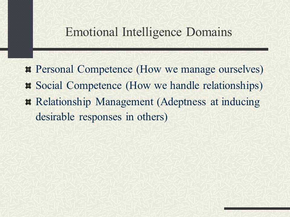 Emotional Intelligence Domains Personal Competence (How we manage ourselves) Social Competence (How we handle relationships) Relationship Management (Adeptness at inducing desirable responses in others)