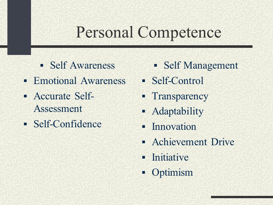 Personal Competence  Self Awareness  Emotional Awareness  Accurate Self- Assessment  Self-Confidence  Self Management  Self-Control  Transparency  Adaptability  Innovation  Achievement Drive  Initiative  Optimism