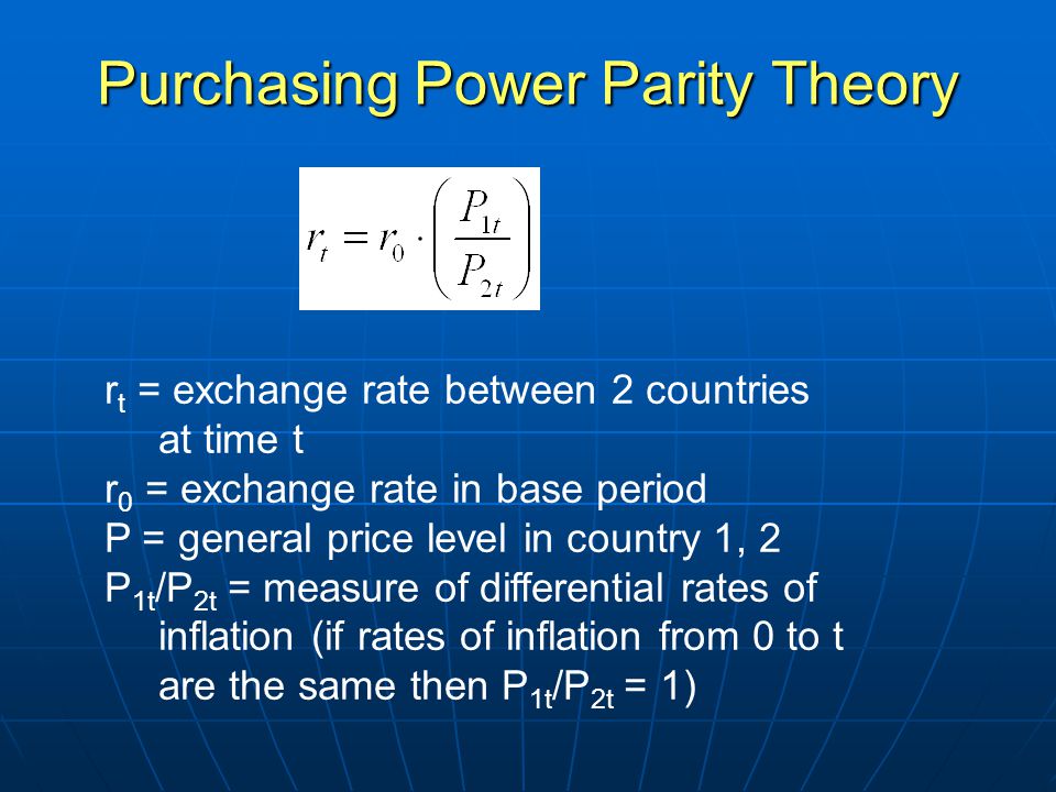 Purchasing Power Parity Theory r t = exchange rate between 2 countries at time t r 0 = exchange rate in base period P = general price level in country 1, 2 P 1t /P 2t = measure of differential rates of inflation (if rates of inflation from 0 to t are the same then P 1t /P 2t = 1)