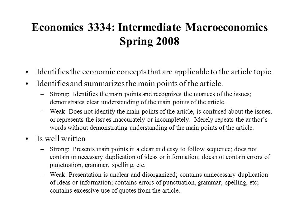 Economics 3334: Intermediate Macroeconomics Spring 2008 Identifies the economic concepts that are applicable to the article topic.