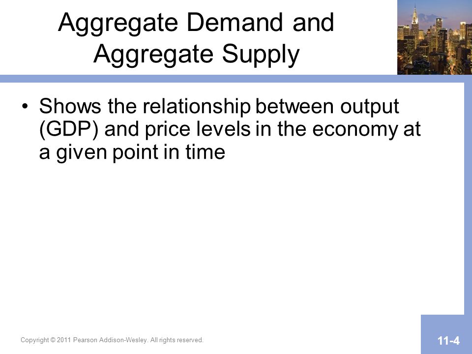 Aggregate Demand and Aggregate Supply Shows the relationship between output (GDP) and price levels in the economy at a given point in time Copyright © 2011 Pearson Addison-Wesley.