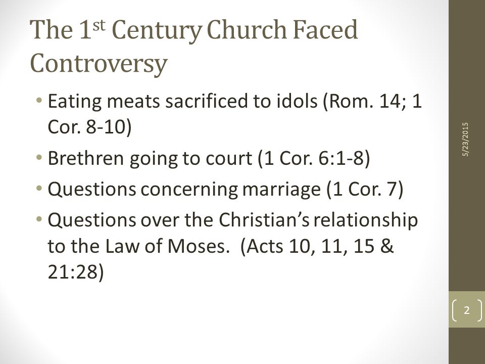 The 1 st Century Church Faced Controversy Eating meats sacrificed to idols (Rom.