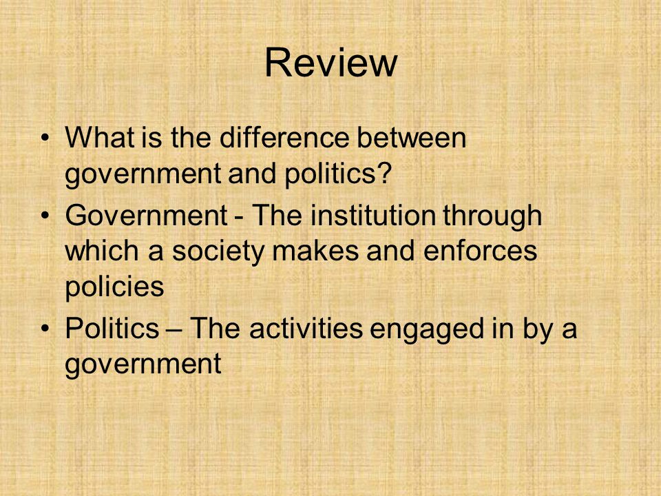 Review What is the difference between government and politics.