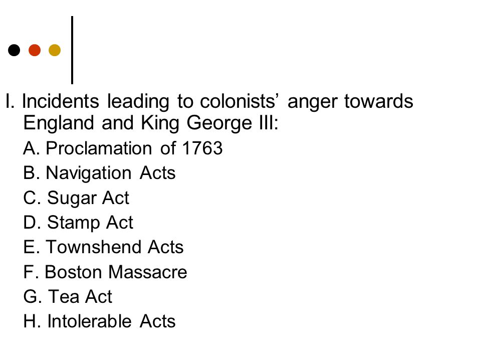 I. Incidents leading to colonists’ anger towards England and King George III: A.