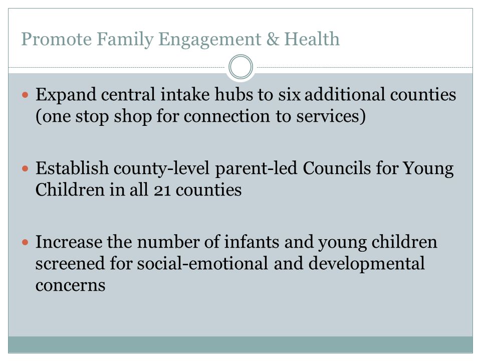 Promote Family Engagement & Health Expand central intake hubs to six additional counties (one stop shop for connection to services) Establish county-level parent-led Councils for Young Children in all 21 counties Increase the number of infants and young children screened for social-emotional and developmental concerns