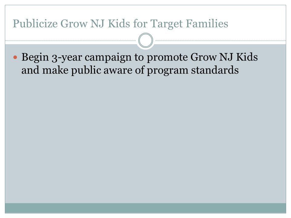 Begin 3-year campaign to promote Grow NJ Kids and make public aware of program standards Publicize Grow NJ Kids for Target Families