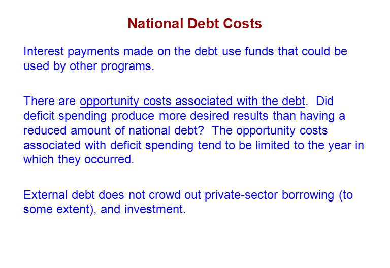 National Debt Costs Interest payments made on the debt use funds that could be used by other programs.