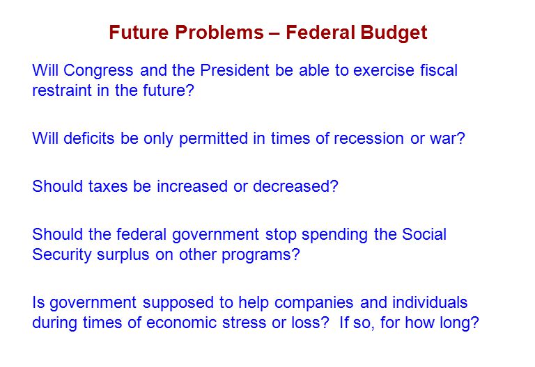 Future Problems – Federal Budget Will Congress and the President be able to exercise fiscal restraint in the future.