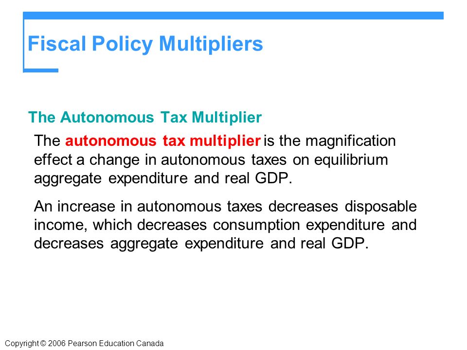 Fiscal Policy Multipliers The Autonomous Tax Multiplier The autonomous tax multiplier is the magnification effect a change in autonomous taxes on equilibrium aggregate expenditure and real GDP.
