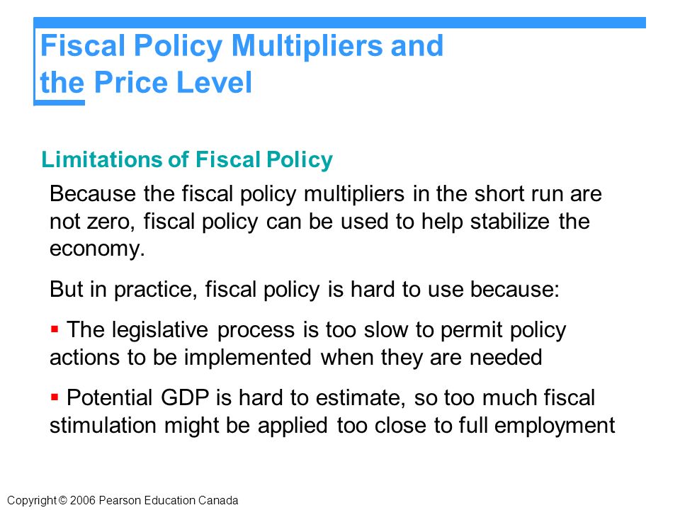 Fiscal Policy Multipliers and the Price Level Limitations of Fiscal Policy Because the fiscal policy multipliers in the short run are not zero, fiscal policy can be used to help stabilize the economy.