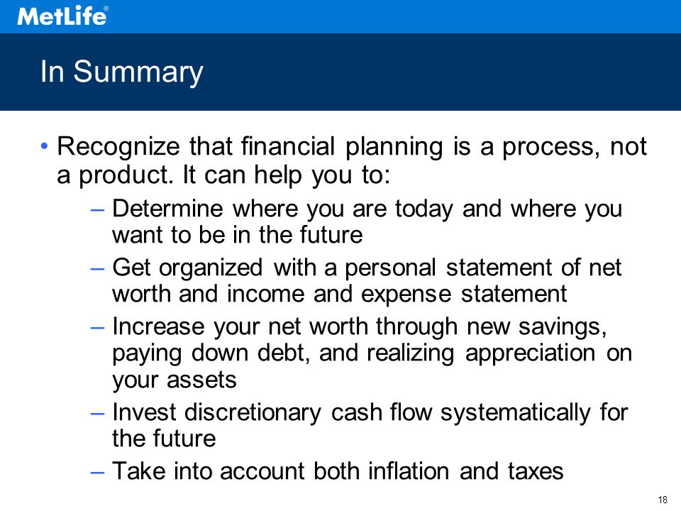 18 In Summary Recognize that financial planning is a process, not a product.