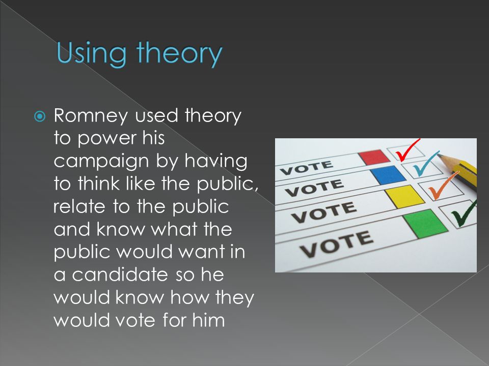 Romney used theory to power his campaign by having to think like the public, relate to the public and know what the public would want in a candidate so he would know how they would vote for him