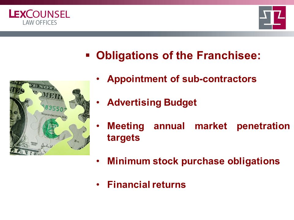  Obligations of the Franchisee: Appointment of sub-contractors Advertising Budget Meeting annual market penetration targets Minimum stock purchase obligations Financial returns