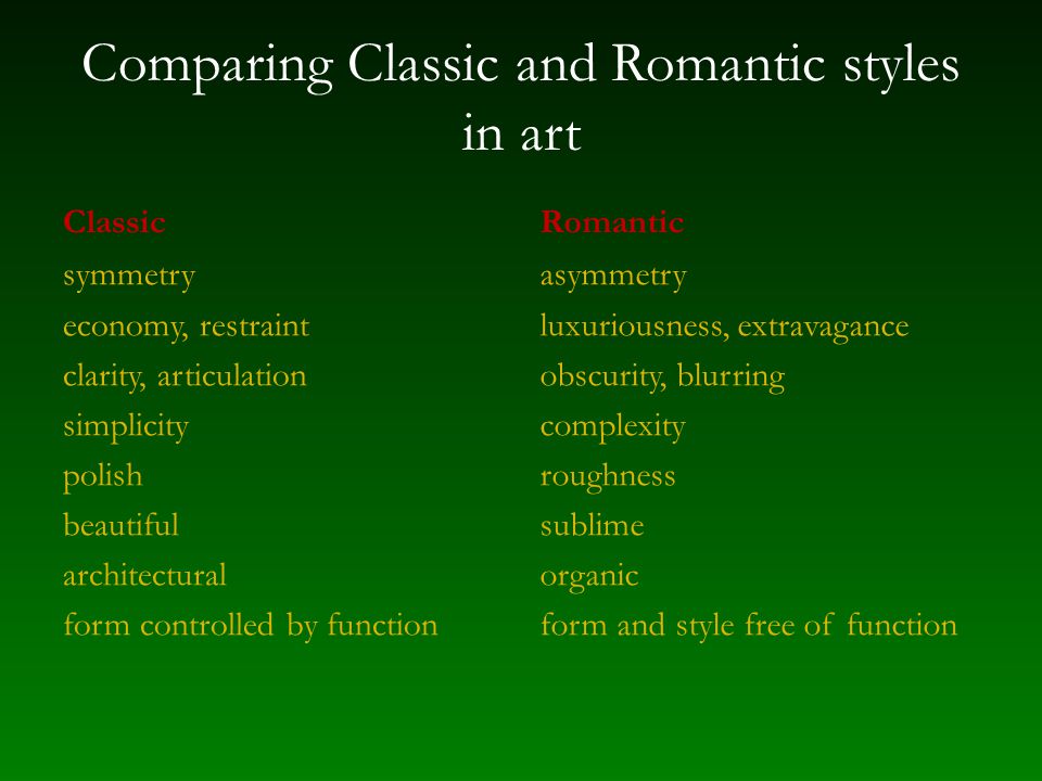 Comparing Classic and Romantic styles in art Classic symmetry economy, restraint clarity, articulation simplicity polish beautiful architectural form controlled by function Romantic asymmetry luxuriousness, extravagance obscurity, blurring complexity roughness sublime organic form and style free of function