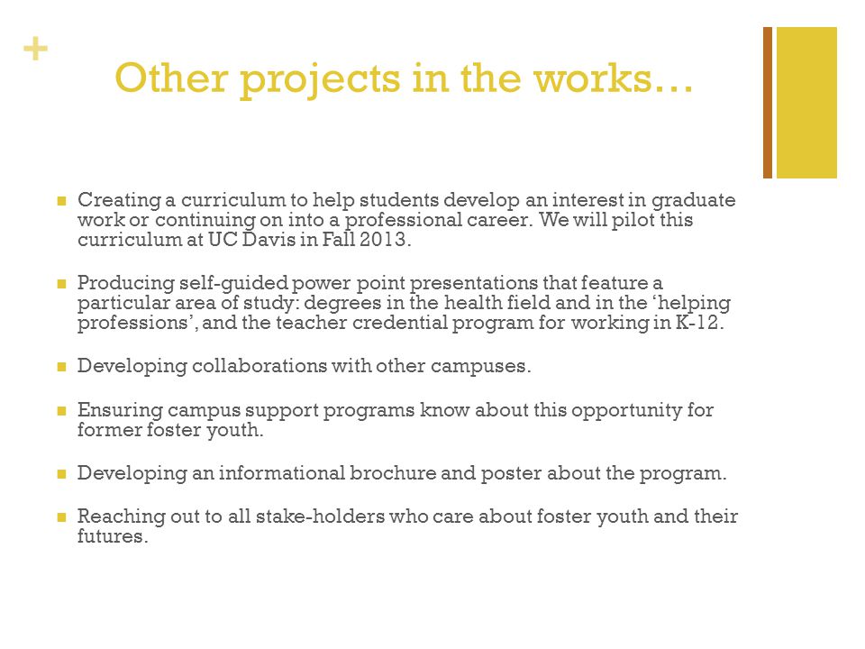 + Other projects in the works… Creating a curriculum to help students develop an interest in graduate work or continuing on into a professional career.