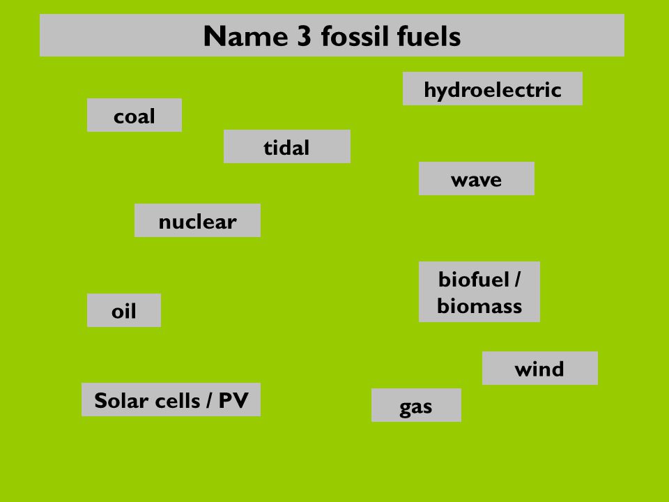 nuclear oil gas Solar cells / PV biofuel / biomass wave hydroelectric coal wind tidal Name 3 fossil fuels