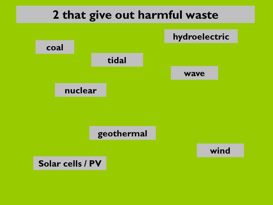nuclear Solar cells / PV wave hydroelectric coal geothermal wind tidal 2 that give out harmful waste