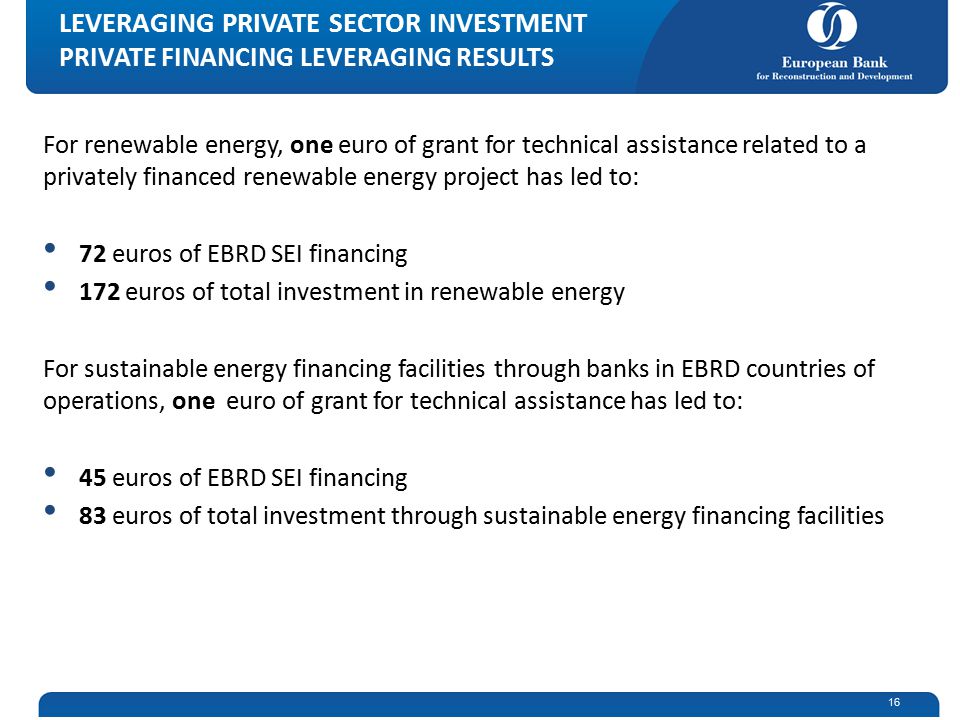For renewable energy, one euro of grant for technical assistance related to a privately financed renewable energy project has led to: 72 euros of EBRD SEI financing 172 euros of total investment in renewable energy For sustainable energy financing facilities through banks in EBRD countries of operations, one euro of grant for technical assistance has led to: 45 euros of EBRD SEI financing 83 euros of total investment through sustainable energy financing facilities LEVERAGING PRIVATE SECTOR INVESTMENT PRIVATE FINANCING LEVERAGING RESULTS 16