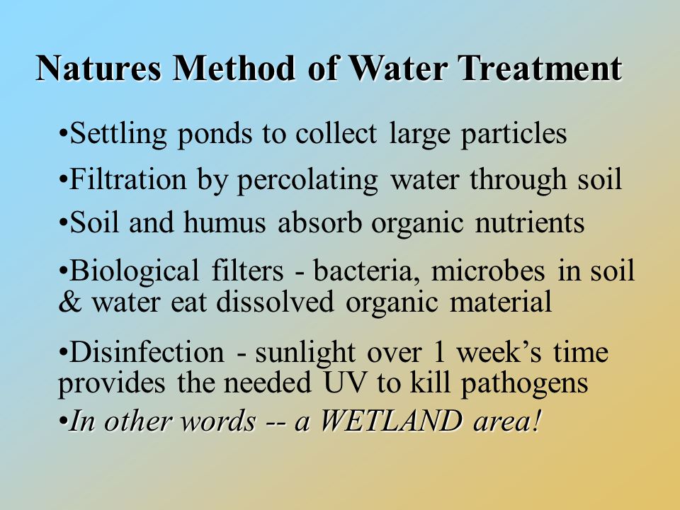 Natures Method of Water Treatment Settling ponds to collect large particles Filtration by percolating water through soil Soil and humus absorb organic nutrients Biological filters - bacteria, microbes in soil & water eat dissolved organic material Disinfection - sunlight over 1 week’s time provides the needed UV to kill pathogens In other words -- a WETLAND area!In other words -- a WETLAND area!