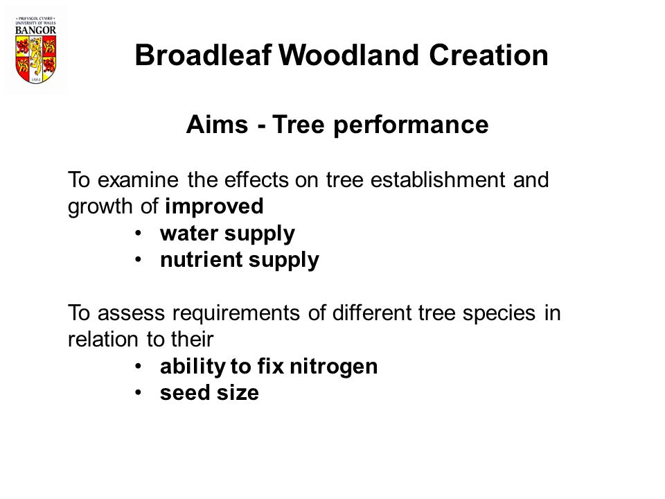 Broadleaf Woodland Creation Aims - Tree performance To examine the effects on tree establishment and growth of improved water supply nutrient supply To assess requirements of different tree species in relation to their ability to fix nitrogen seed size