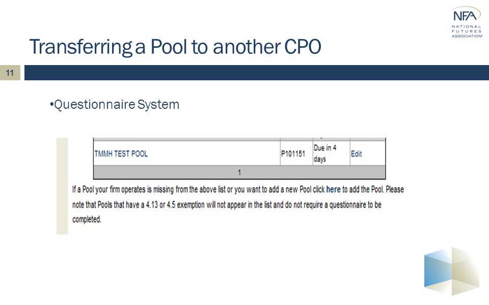 Transferring a Pool to another CPO Questionnaire System 11