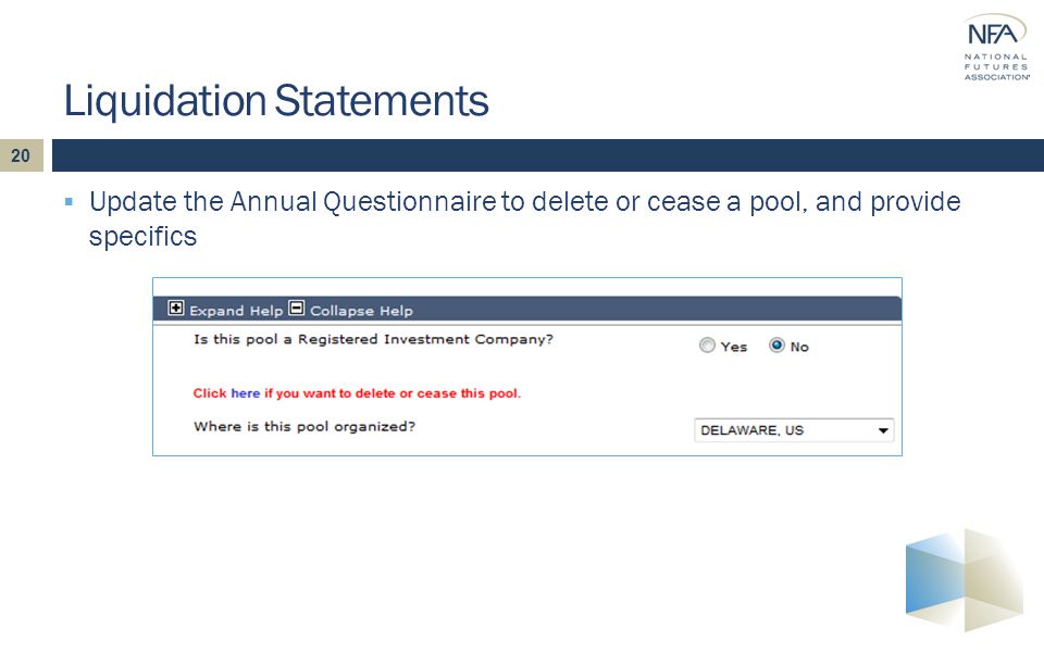 20  Update the Annual Questionnaire to delete or cease a pool, and provide specifics Liquidation Statements