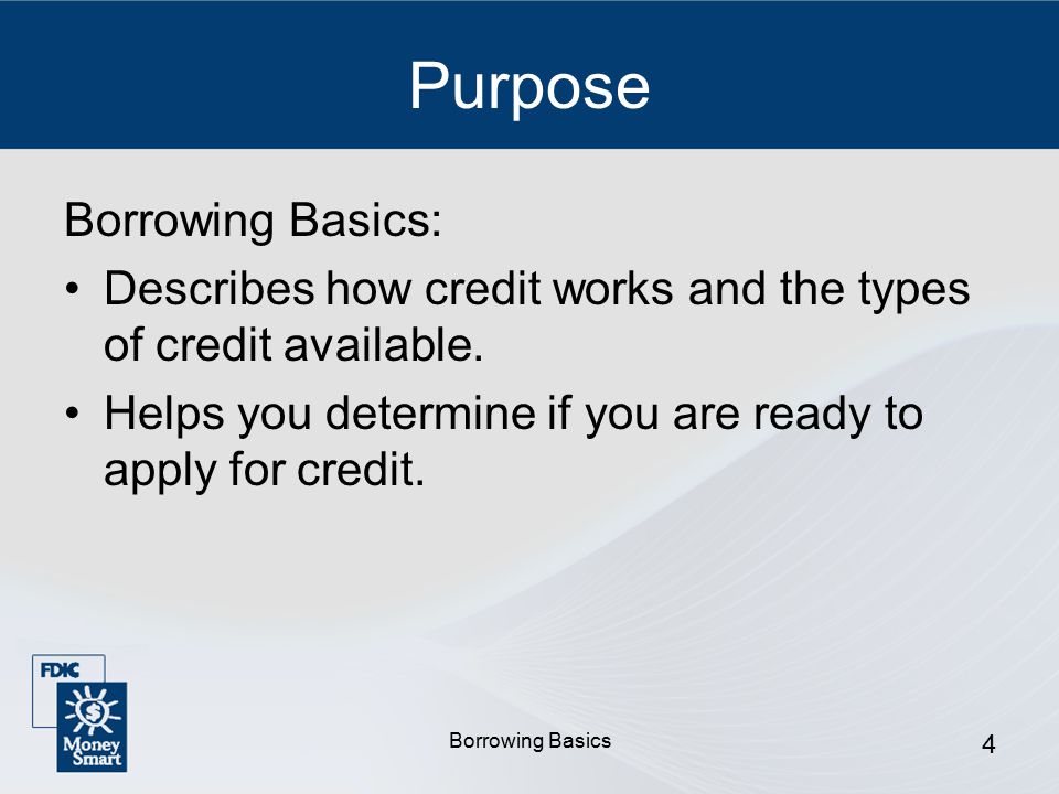 Borrowing Basics 4 Purpose Borrowing Basics: Describes how credit works and the types of credit available.