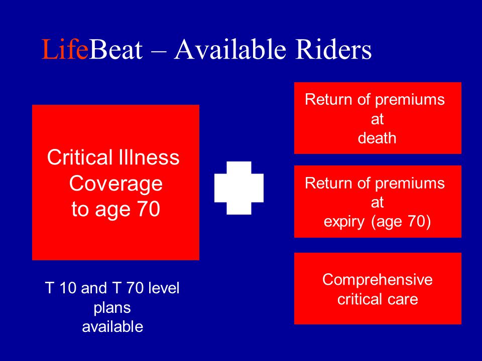 LifeBeat – Available Riders Critical Illness Coverage to age 70 Comprehensive critical care Return of premiums at expiry (age 70) Return of premiums at death T 10 and T 70 level plans available
