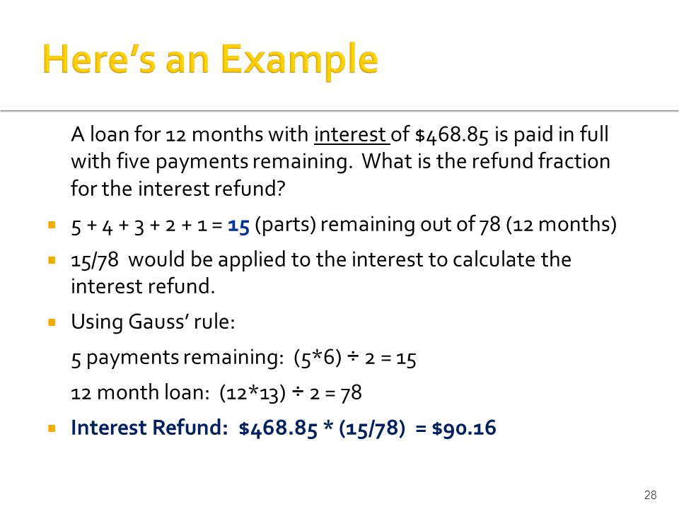 A loan for 12 months with interest of $ is paid in full with five payments remaining.