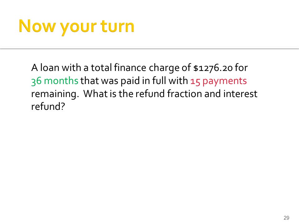 A loan with a total finance charge of $ for 36 months that was paid in full with 15 payments remaining.