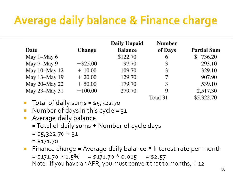 36  Total of daily sums = $5,  Number of days in this cycle = 31  Average daily balance = Total of daily sums ÷ Number of cycle days = $5, ÷ 31 = $  Finance charge = Average daily balance * Interest rate per month = $ * 1.5% = $ * = $2.57 Note: If you have an APR, you must convert that to months, ÷ 12