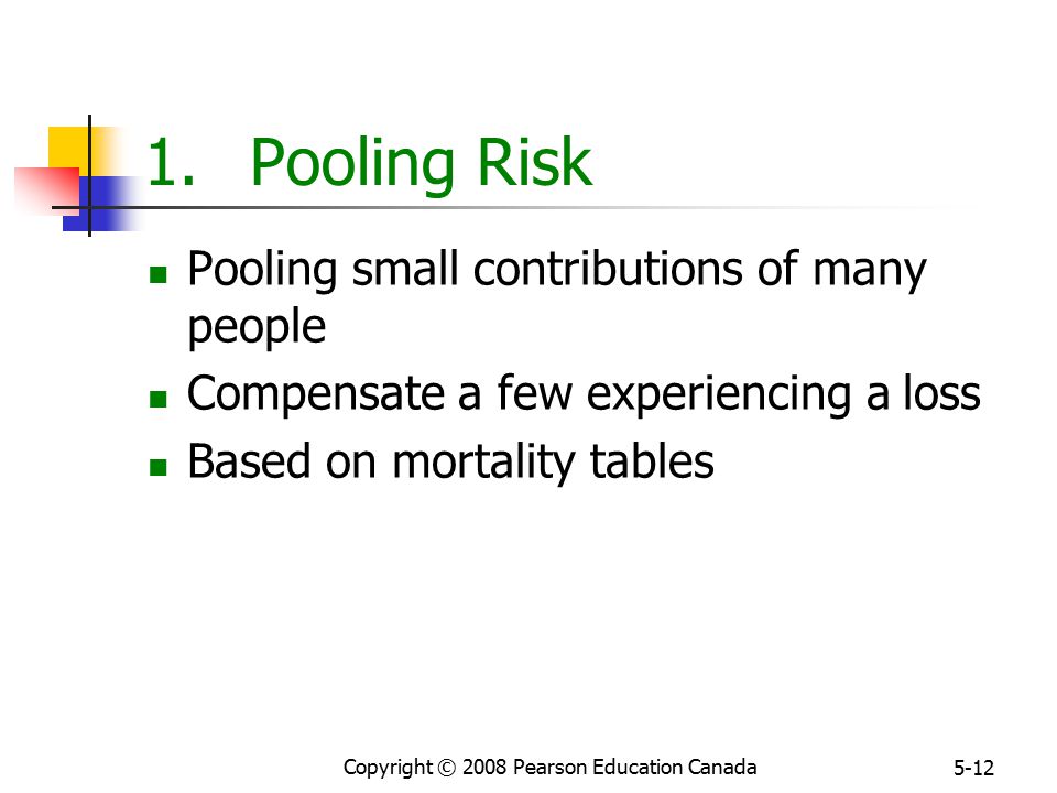 Copyright © 2008 Pearson Education Canada Pooling Risk Pooling small contributions of many people Compensate a few experiencing a loss Based on mortality tables