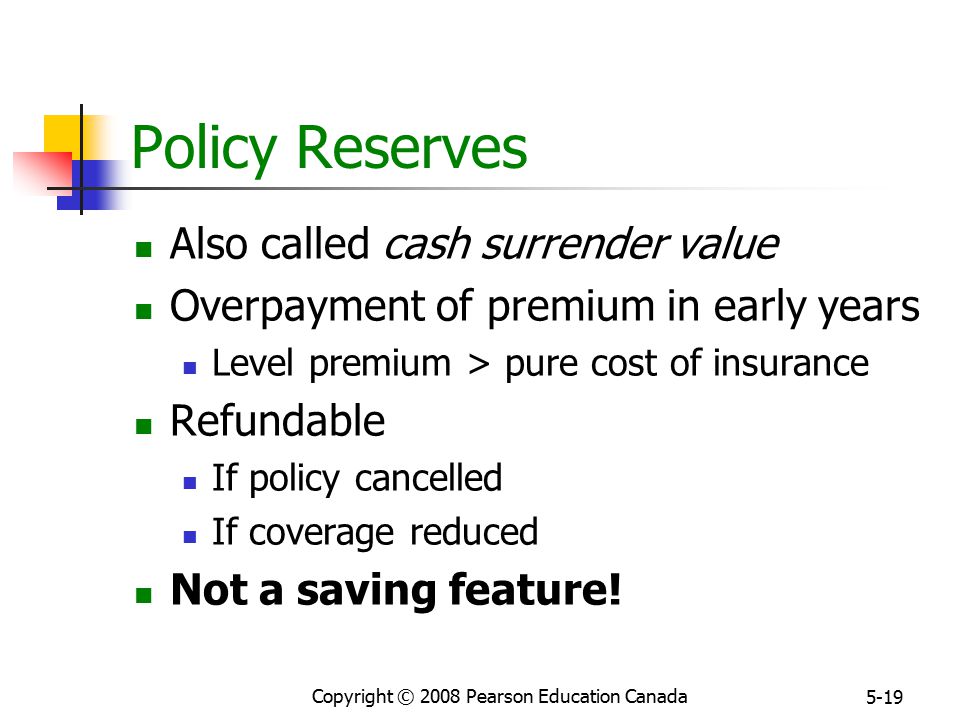 Copyright © 2008 Pearson Education Canada 5-19 Policy Reserves Also called cash surrender value Overpayment of premium in early years Level premium > pure cost of insurance Refundable If policy cancelled If coverage reduced Not a saving feature!