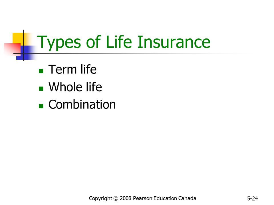 Copyright © 2008 Pearson Education Canada 5-24 Types of Life Insurance Term life Whole life Combination