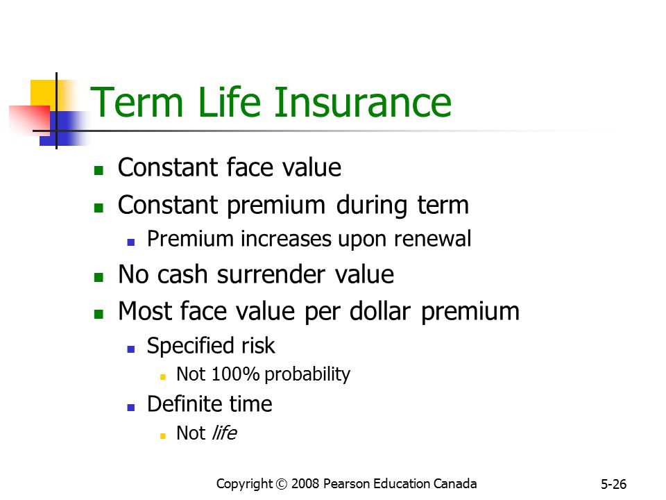 Copyright © 2008 Pearson Education Canada 5-26 Term Life Insurance Constant face value Constant premium during term Premium increases upon renewal No cash surrender value Most face value per dollar premium Specified risk Not 100% probability Definite time Not life