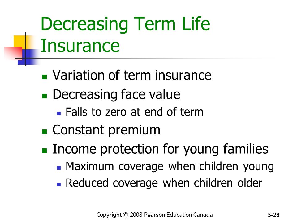 Copyright © 2008 Pearson Education Canada 5-28 Decreasing Term Life Insurance Variation of term insurance Decreasing face value Falls to zero at end of term Constant premium Income protection for young families Maximum coverage when children young Reduced coverage when children older