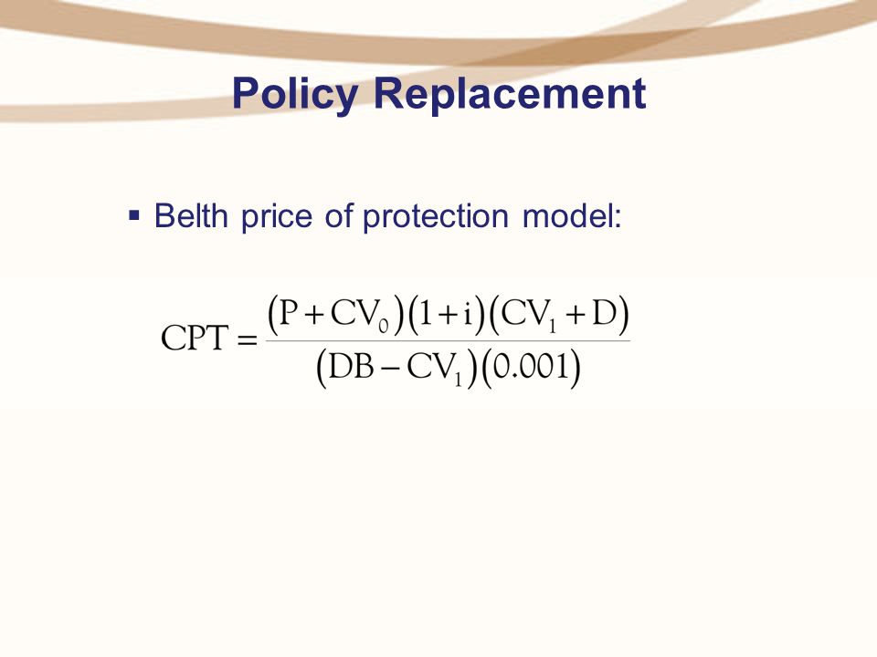 Policy Replacement  Belth price of protection model: