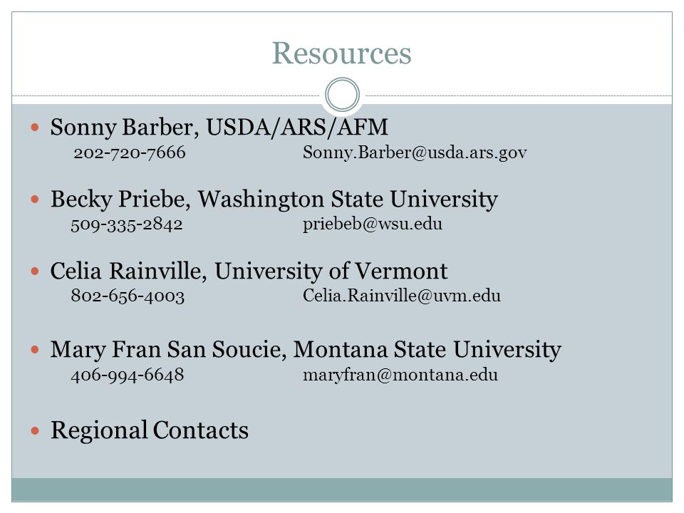 Resources Sonny Barber, USDA/ARS/AFM Becky Priebe, Washington State University Celia Rainville, University of Vermont Mary Fran San Soucie, Montana State University Regional Contacts