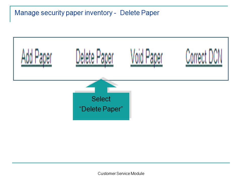 Customer Service Module Manage security paper inventory - Delete Paper Select Delete Paper Select Delete Paper