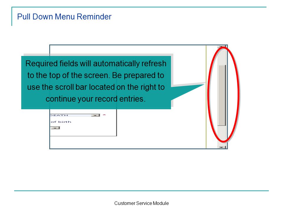 Customer Service Module Pull Down Menu Reminder Required fields will automatically refresh to the top of the screen.