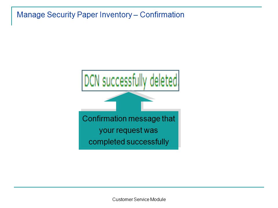 Customer Service Module Manage Security Paper Inventory – Confirmation Confirmation message that your request was completed successfully