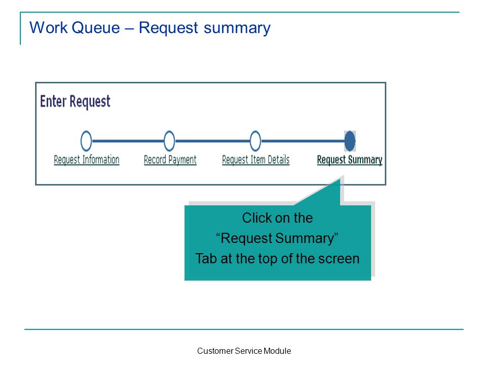 Customer Service Module Work Queue – Request summary Click on the Request Summary Tab at the top of the screen Click on the Request Summary Tab at the top of the screen