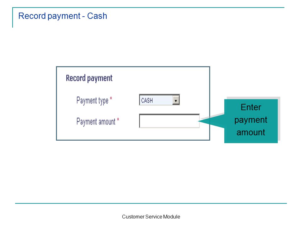 Customer Service Module Record payment - Cash Enter payment amount Enter payment amount