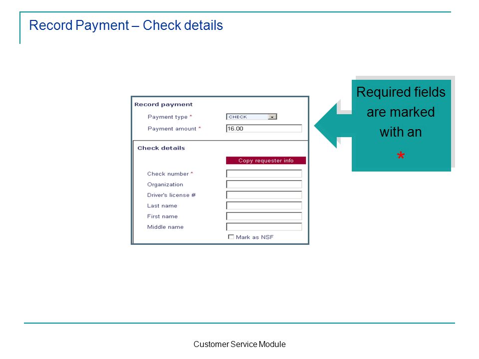 Customer Service Module Record Payment – Check details Required fields are marked with an * Required fields are marked with an *