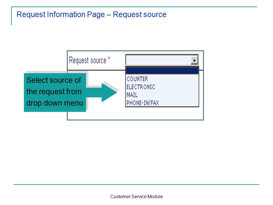 Customer Service Module Request Information Page – Request source Select source of the request from drop down menu